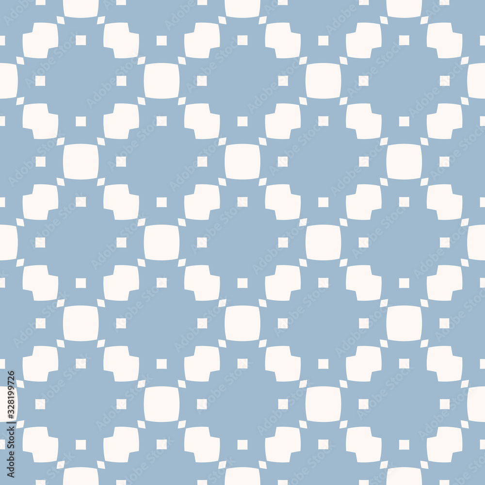 Subtle vector geometric seamless pattern with small elements, squares, rhombuses, grid. Delicate abstract white and light blue texture. Elegant minimalist repeat background. Design for decor, cloth