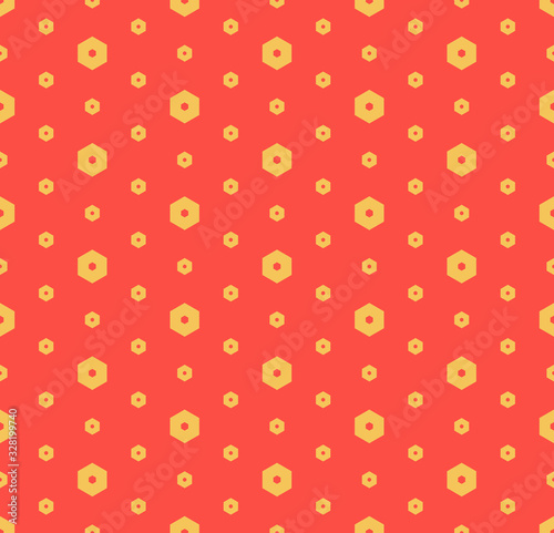 Vector minimalist geometric seamless pattern with small hexagons, dots. Bright colorful funky style texture. Red and yellow minimal background. Repeatable design for decor, gift paper, covers, wrap