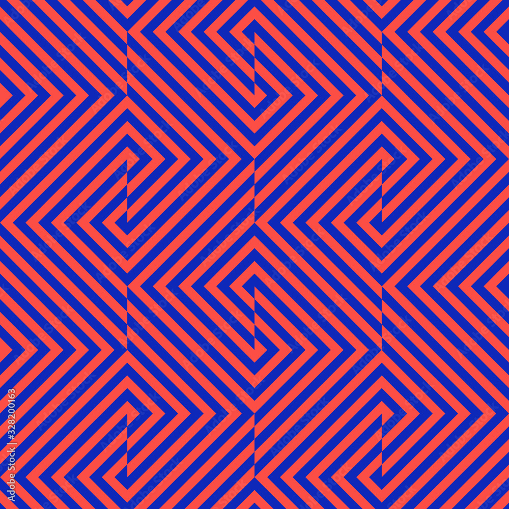 Vector geometric lines seamless pattern. Modern neon texture with diagonal stripes, broken lines, chevron, zigzag, squares, tiles. Simple abstract geometry. Red and blue background. Trendy design Vector geometric lines seamless pattern. Modern neon texture with diagonal stripes, broken lines, chevron, zigzag, squares, tiles. Simple abstract geometry. Red and blue background. Trendy design