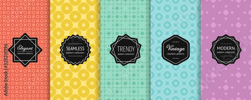 Vector polka dot seamless patterns collection. Set of colorful background swatches with elegant minimal labels. Abstract textures with circles, dot design. Red, yellow, blue, turquoise, purple color