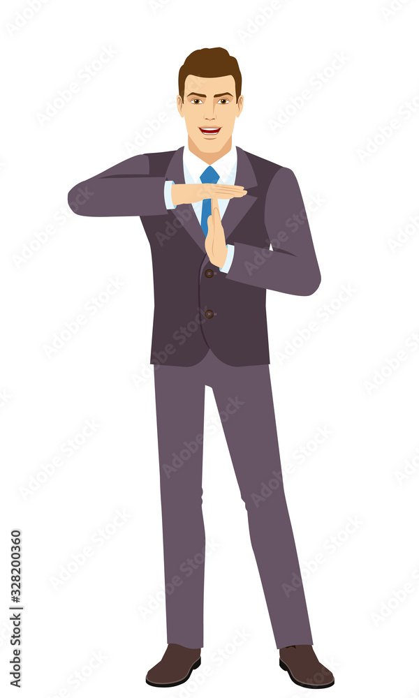 Businessman showing time-out sign with hands. Body language. Full length portrait of Businessman in a flat style. Vector illustration. Businessman showing time-out sign with hands. Body language. Full length portrait of Businessman in a flat style. Vector illustration.