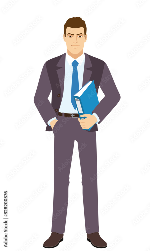 Smiling Businessman holding a folder. Full length portrait of Businessman in a flat style. Smiling Businessman holding a folder. Full length portrait of Businessman in a flat style.