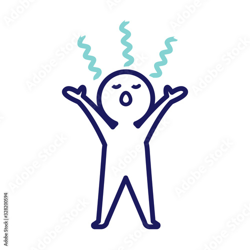 Illustration of a deformed simple human with both hands raised and taking a deep breath