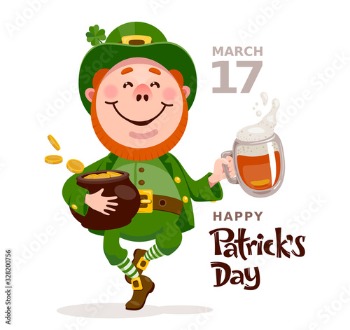 Patrick's day poster with leprechaun dancing with a beer and a pot of gold coins on a white background