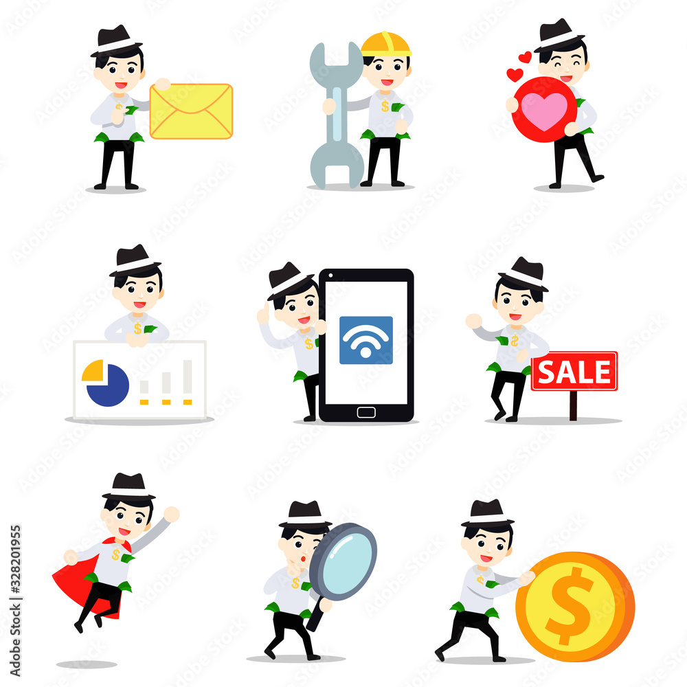 Fototapeta premium Set character of moneylender man lends some money with high rate of interest.