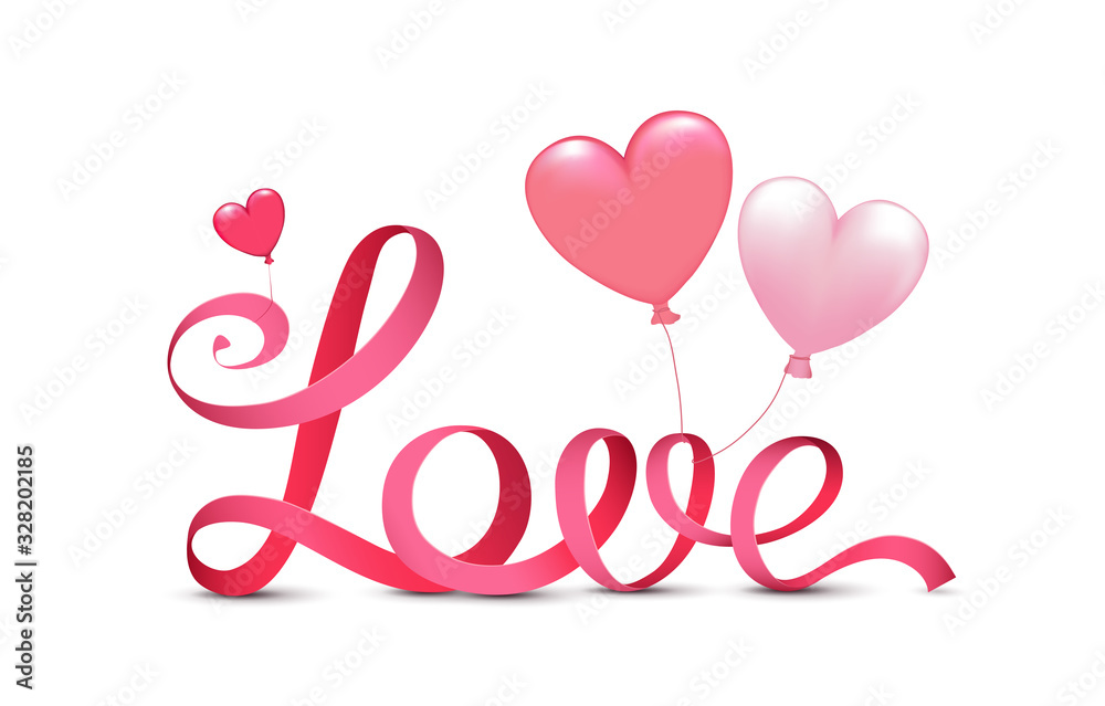 Banner mit Text „Love“ aus Schleife und Luftballon- Herzen, Vektor Illustration isoliert auf weißem Hintergrund