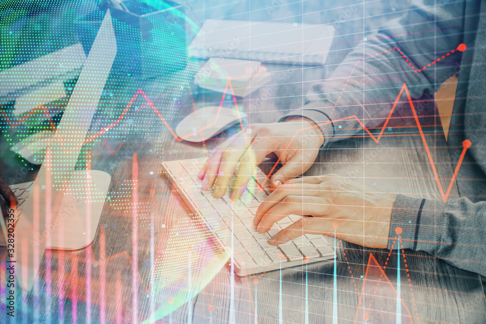 Double exposure of financial graph with man works in office on background. Concept of analysis. Double exposure of financial graph with man works in office on background. Concept of analysis.