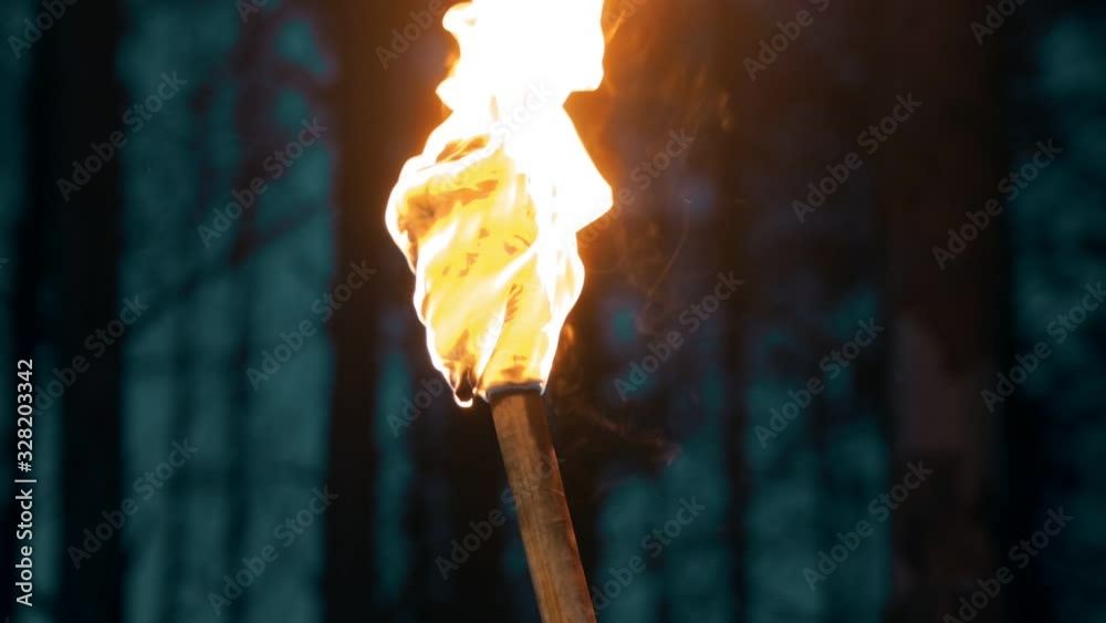 Handmade torch - piece of cloth burning on the stick - waving with the torch