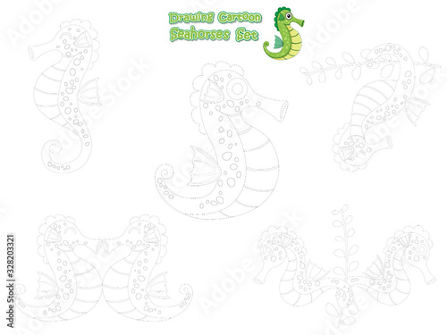 Wallpaper Mural Drawing and Paint Cute Seahorses Cartoon Set. Educational Game for Kids. Vector illustration With Cartoon Happy Animal Torontodigital.ca