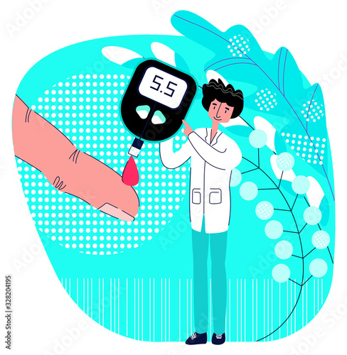 Vector illustration magnified finger from which small endocrinologist doctor takes blood for glucose analysis using glucometer device. Concept day for fighting diabetes, taking care your own health.