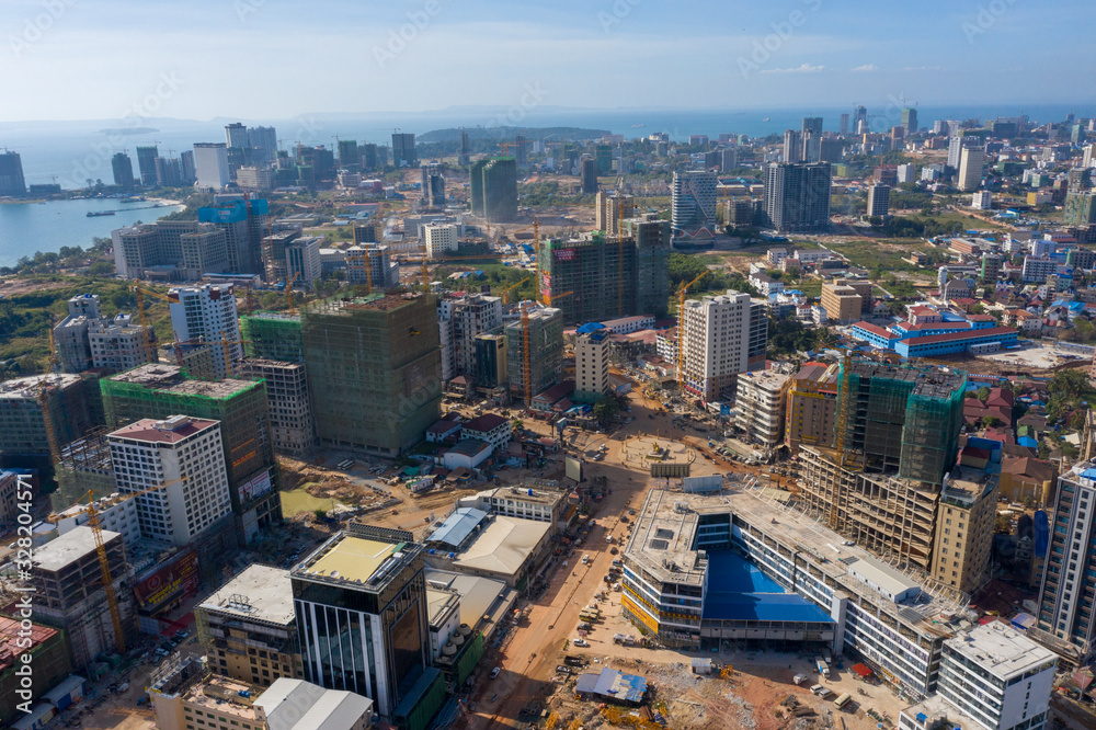 Fototapeta premium Cambodia aerial view of Preah Sihanouk under development