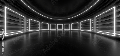 Fototapeta Naklejka Na Ścianę i Meble -  Dark hall with bright white neon lights on a black background. 3d rendering image.