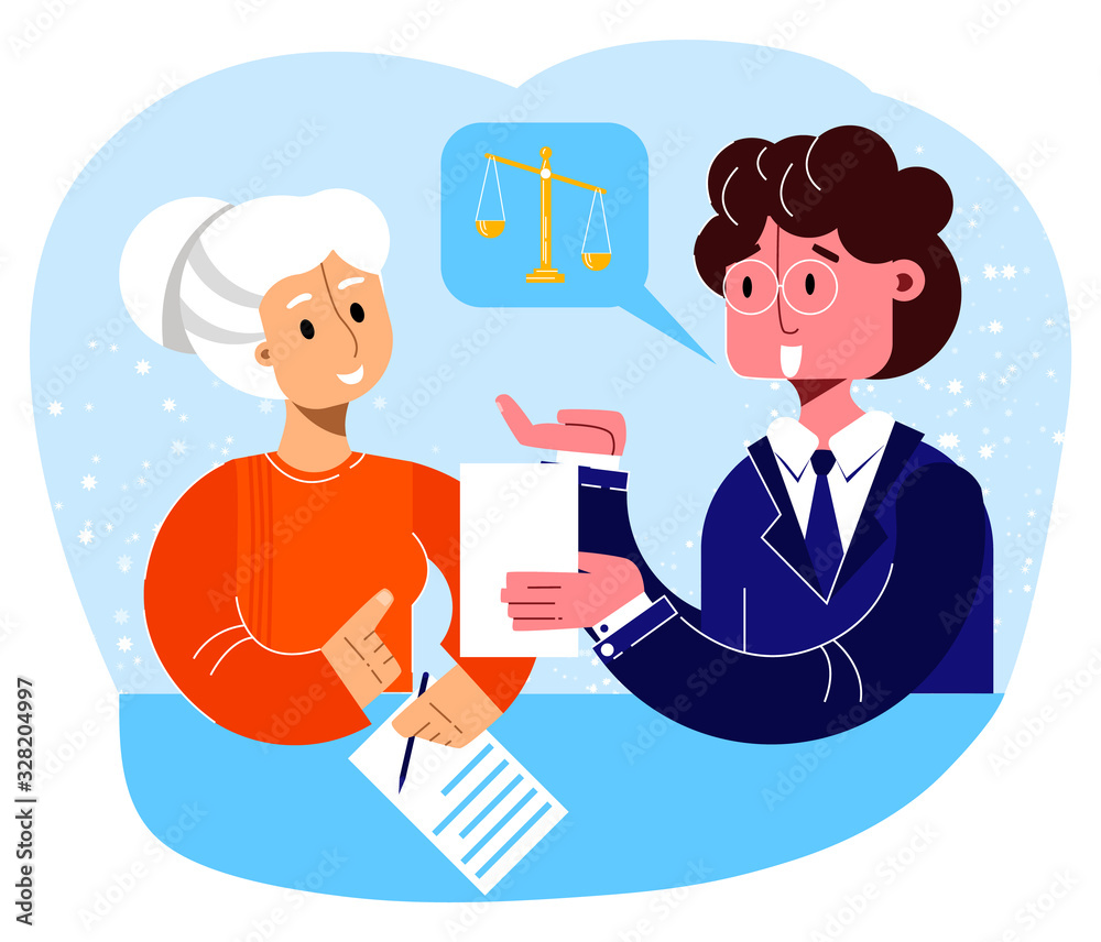 Vector flat illustration with consultation at lawyer s reception of elderly woman. Concept assistance to elderly in legal matters. Can be used in web design, banners, advertising, etc. Vector flat illustration with consultation at lawyer s reception of elderly woman. Concept assistance to elderly in legal matters. Can be used in web design, banners, advertising, etc.