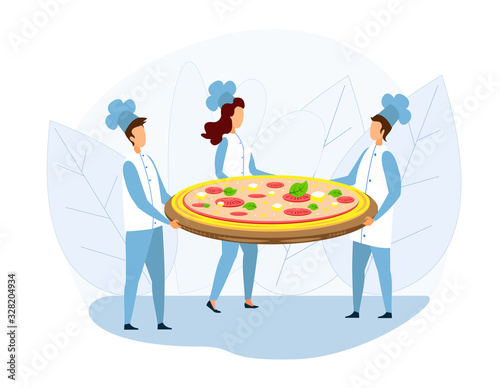 Group of Chef Holding Huge Pizza on Tray Metaphor. Woman and Men Cook Characters in Uniform Standing with Traditional Italian Dish. Cooking Festival. Biggest Baked Snack. Vector Flat Illustration