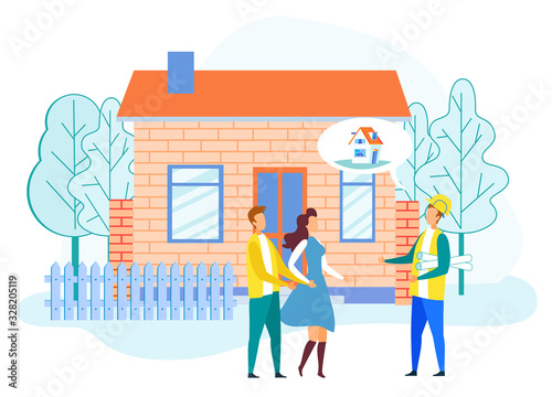 Engineer Describing Project of New House to Young Family Couple Standing near Single Story Cottage in Countryside. Building Company Service, Home Renovation Projection Cartoon Flat Vector Illustration