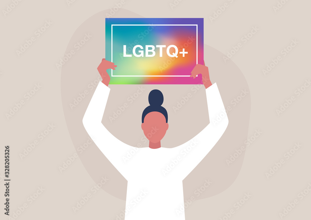 Young female character holding an LGBTQ poster with a blurred rainbow mesh background, Conceptual design Young female character holding an LGBTQ poster with a blurred rainbow mesh background, Conceptual design