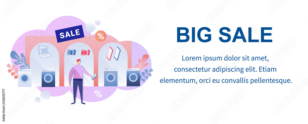 Flat Vector Design Template for Advertisement about Big Sale in Household Appliances and Electronics Store. Customer, Considering Buying New Pad or Ebook. Illustration with Copy Space for Your Text. Flat Vector Design Template for Advertisement about Big Sale in Household Appliances and Electronics Store. Customer, Considering Buying New Pad or Ebook. Illustration with Copy Space for Your Text.