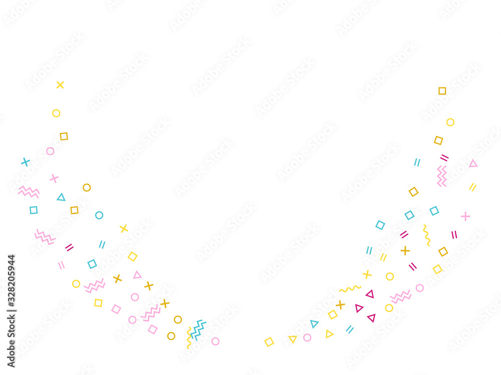 Memphis style geometric confetti vector background with triangle, circle, square shapes, chevron and wavy line ribbons. Memphis style geometric confetti vector background with triangle, circle, square shapes, chevron and wavy line ribbons.