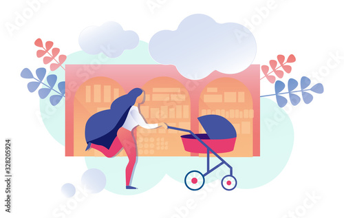 Young Mother with Dark Long Loose Hair, Getting Late Somewhere, Running with Baby Carriage along Street with Shop Windows, against Summer or Spring Background with Leaves and Clouds