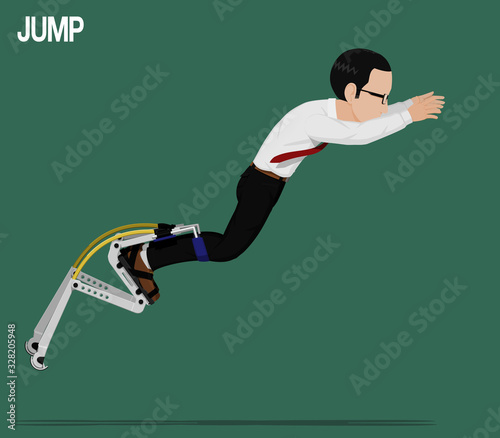 A businessman is leaping with jumping equipment
