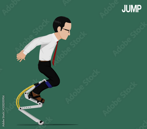 A businessman is jumping with jumping equipment