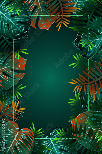 Tropical design with palm leaves and neon lights. 