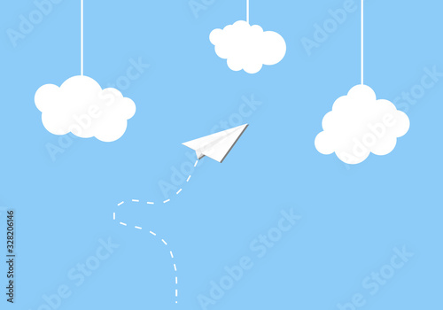 White paper plane with the designation of the path against the sky with clouds.Flat.Vector illustration