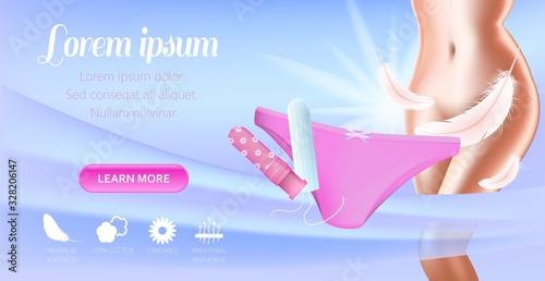 Presentation Super Invisible Protection with Tampon Landing Page. Vector 3d Female Body Silhouette and levitating Feathers. Realistic Panties and Hygiene Product Illustration. Keep Body Dry Idea