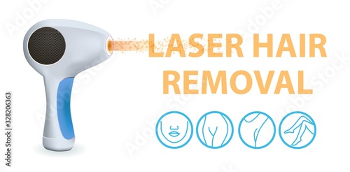 Modern Laser Epilator with Light Beam and Line Art Icons with Areas for Epilation on White Background. Hair Removal Method. Beauty and Skin Care Technology Equipment. 3D Vector Realistic Illustration