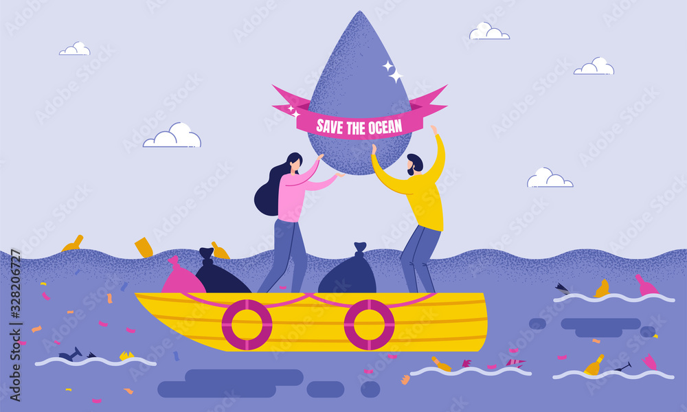 Naklejka premium Disposal Garbage in Sea or Ocean Cartoon Flat Vector Illustration. Volunteers Scavenge from Water While on Boat and Put Garbage in Packages. Purification Water from Debris. Taking Care.