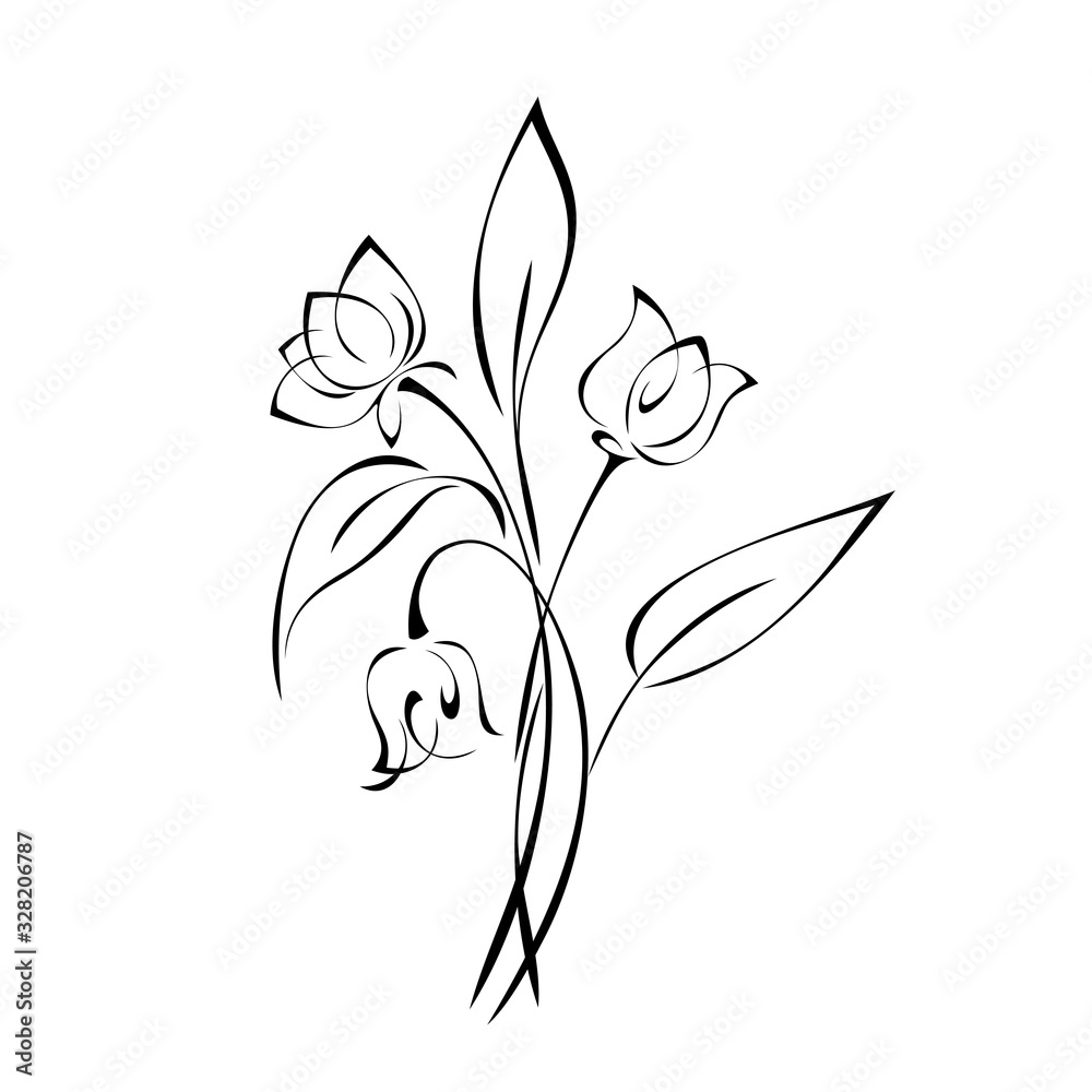 ornament 1066. three flower buds on curved stems with leaves in black lines on white background ornament 1066. three flower buds on curved stems with leaves in black lines on white background