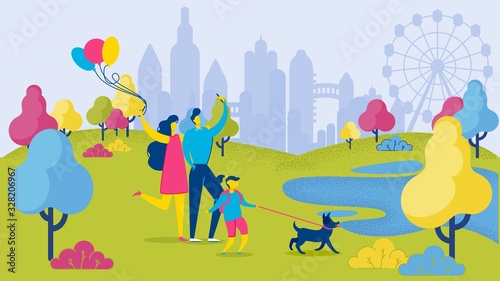 Cartoon Family Having Fun at City Park Vector Illustration. Happy Father Mother and Daughter Take Selfie. Girl Walk with Dog on Leash. Man Woman Photo Smartphone Picture. Weekend Leisure © Mykola