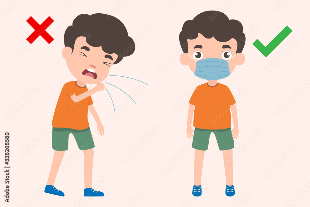 Children behave correctly when coughing by using medical mask and children practice incorrectly without using medical mask. Health and medicals concept cute children cartoon vector illustration. Children behave correctly when coughing by using medical mask and children practice incorrectly without using medical mask. Health and medicals concept cute children cartoon vector illustration.