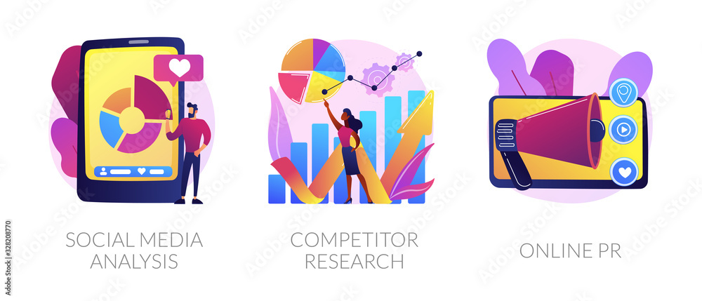 SMM analytics, audience segmentation. Product advertising strategy development. Social media analysis, competitor research, online PR metaphors. Vector isolated concept metaphor illustrations SMM analytics, audience segmentation. Product advertising strategy development. Social media analysis, competitor research, online PR metaphors. Vector isolated concept metaphor illustrations