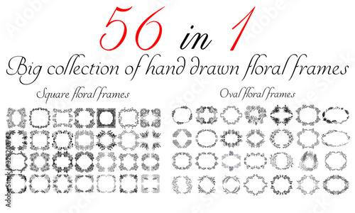 Big collection of 56 square and oval floral frames. Big floral botanical flowers set isolated on a white background. Hand drawn outline vector collection. Spring blossom