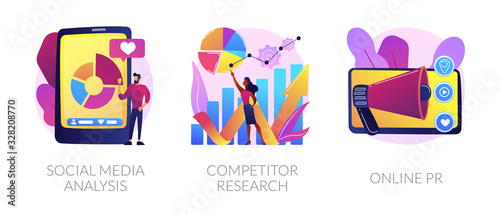 SMM analytics, audience segmentation. Product advertising strategy development. Social media analysis, competitor research, online PR metaphors. Vector isolated concept metaphor illustrations