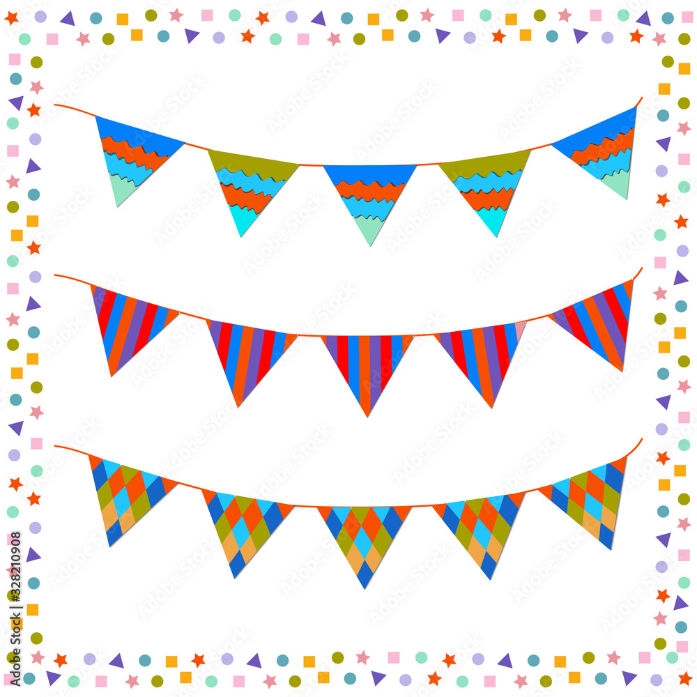 Set of bright holiday garlands of triangular flags isolated on a white background, vector illustration Set of bright holiday garlands of triangular flags isolated on a white background, vector illustration