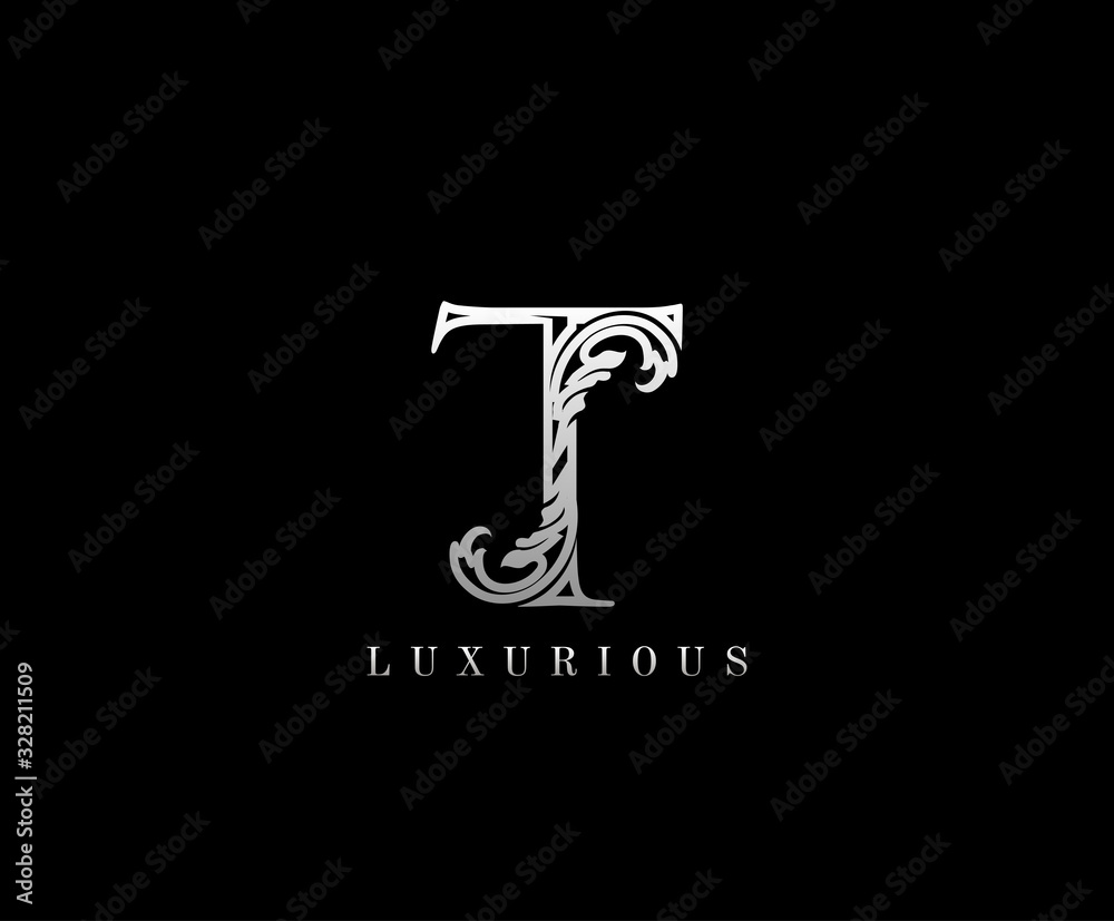 Initial T letter luxury beauty flourishes vintage monogram silver logo perfect for boutique, wedding invitation, restaurant,hotel.