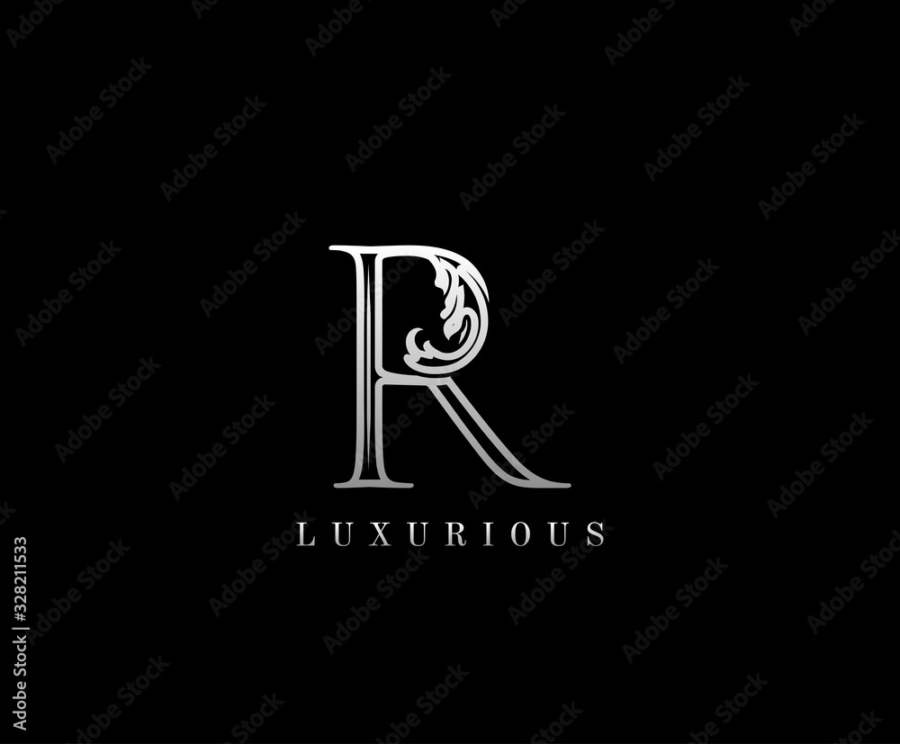 Initial R letter luxury beauty flourishes vintage monogram silver logo ...