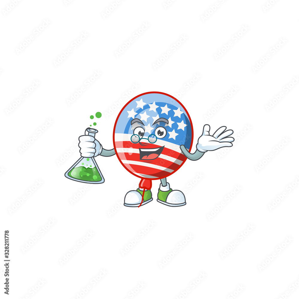 A genius Professor USA stripes balloon cartoon character with glass tube