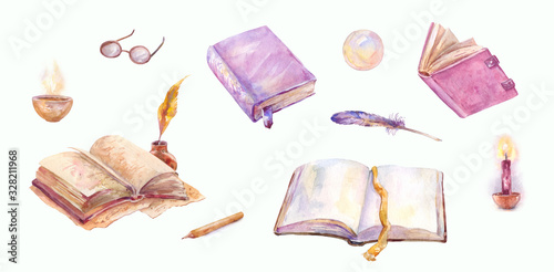 Watercolor old books set. Magical sketches in vintage style isolated on white. Pen, candle, magic ball, feather and old notebooks. Book writing process