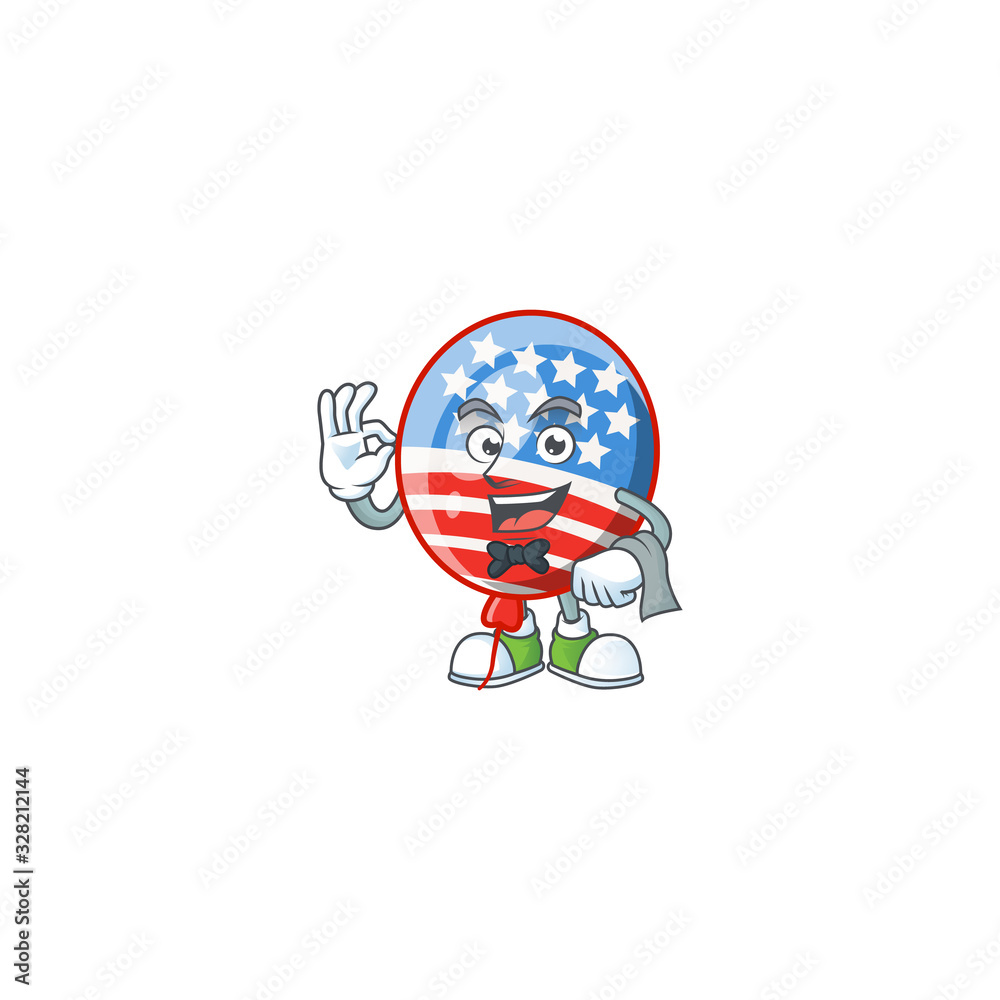 A USA stripes balloon cartoon mascot working as a Waiter A USA stripes balloon cartoon mascot working as a Waiter