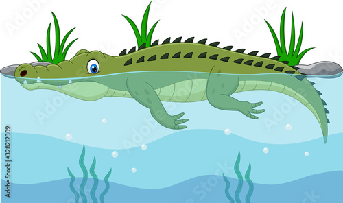 Cartoon green crocodile swimming in the river