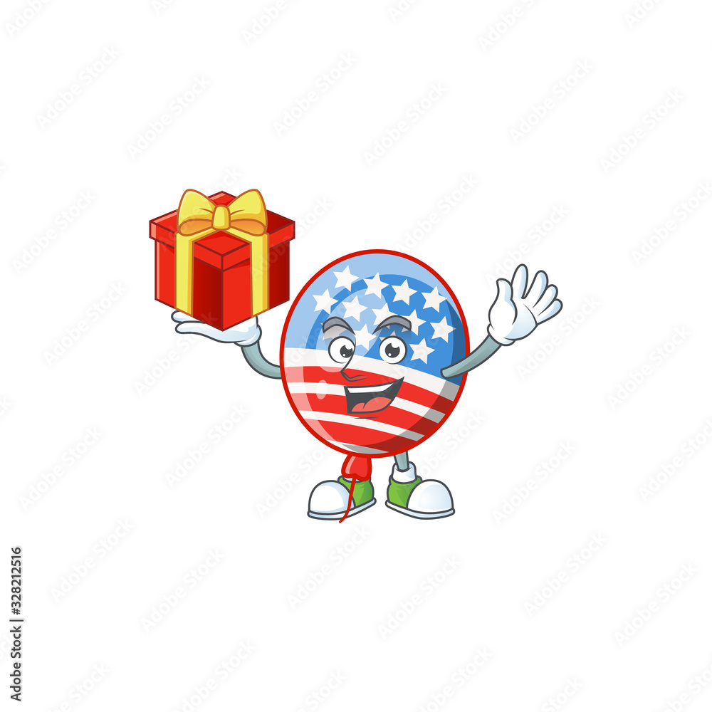 Obraz premium cartoon character of USA stripes balloon with a box of gift