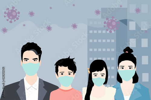 family father mother son daughter wearing mask protect virus infection vector Illustration.