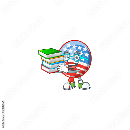 A brainy clever cartoon character of USA stripes balloon studying with some books