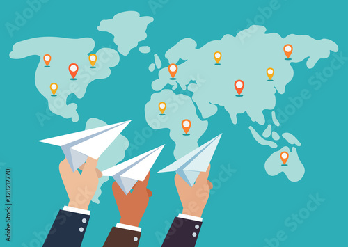 Business people with paper planes. Communication and teamwork illustration. Hands sending paper planes in the goal. Business success and competition vector concept
