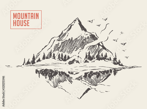 Beautiful cozy house lake mountain vector sketch