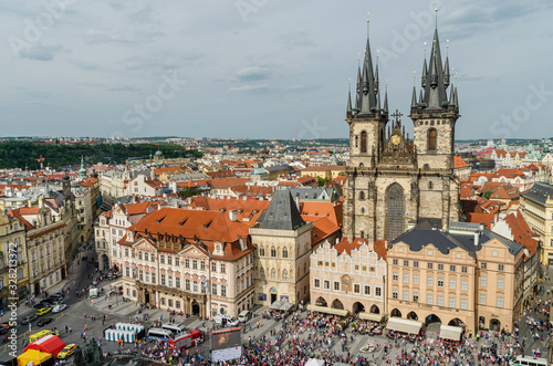 Prague, Czech Republic May 15, 2015: Famous Old Town Square seen from Old Town Hall in Prague Czech Republic