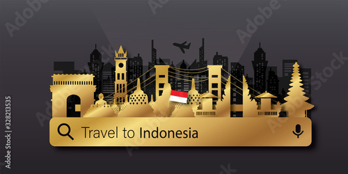 Indonesia Travel postcard, poster, tour advertising of world famous landmarks in paper cut style. Vectors illustrations